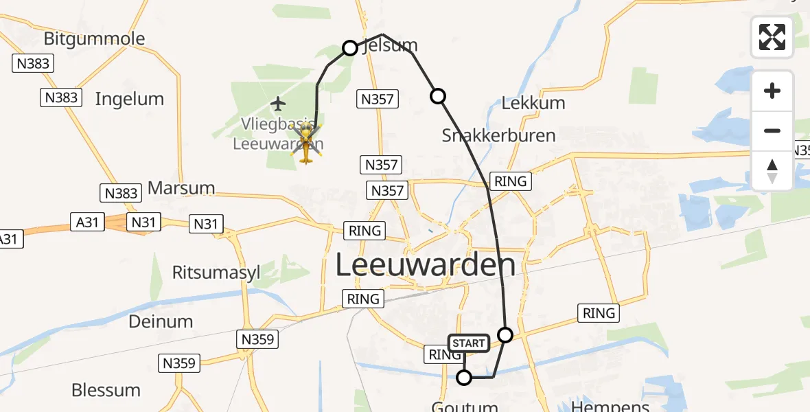 Vluchtroute Ambulancehelikopter Leeuwarden Medical Center Heliport - Vliegbasis Leeuwarden, 01 juni 2026, 14:24