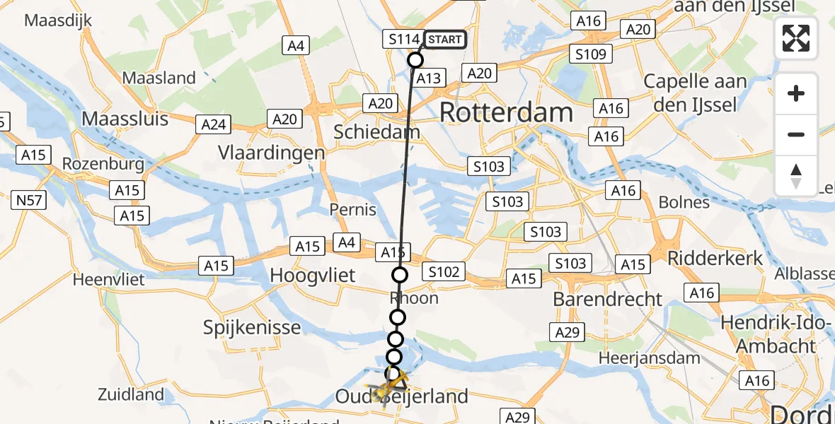 Vluchtroute Traumahelikopter Rotterdam The Hague Airport - Oud-Beijerland, 01 juni 2026, 15:42