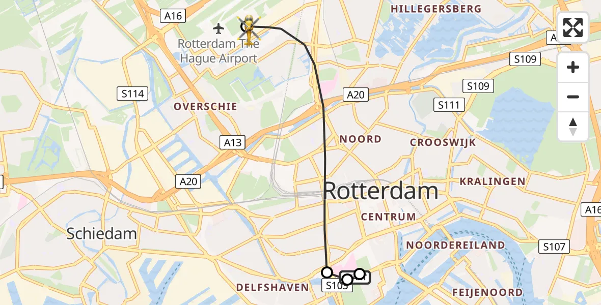 Vluchtroute Traumahelikopter Leids Universitair Medisch Centrum (LUMC) - Rotterdam The Hague Airport, 01 juni 2026, 16:49