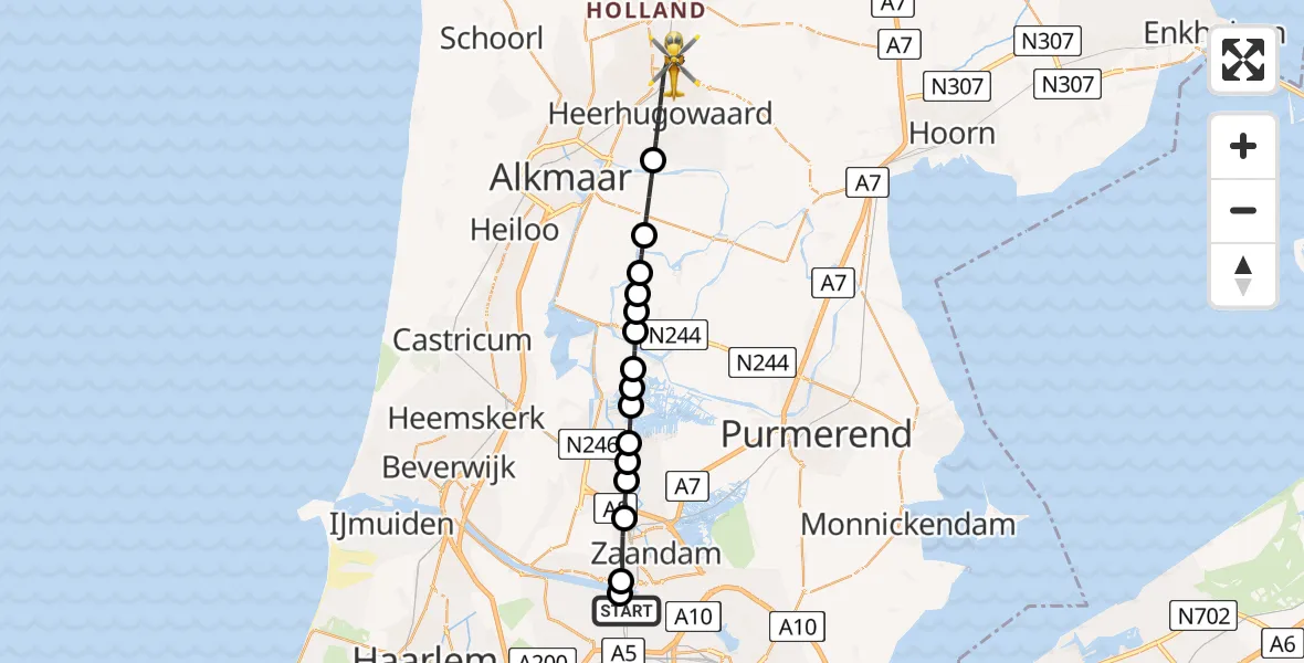 Vluchtroute Traumahelikopter Amsterdam Heliport - Heerhugowaard, 01 juni 2026, 17:41