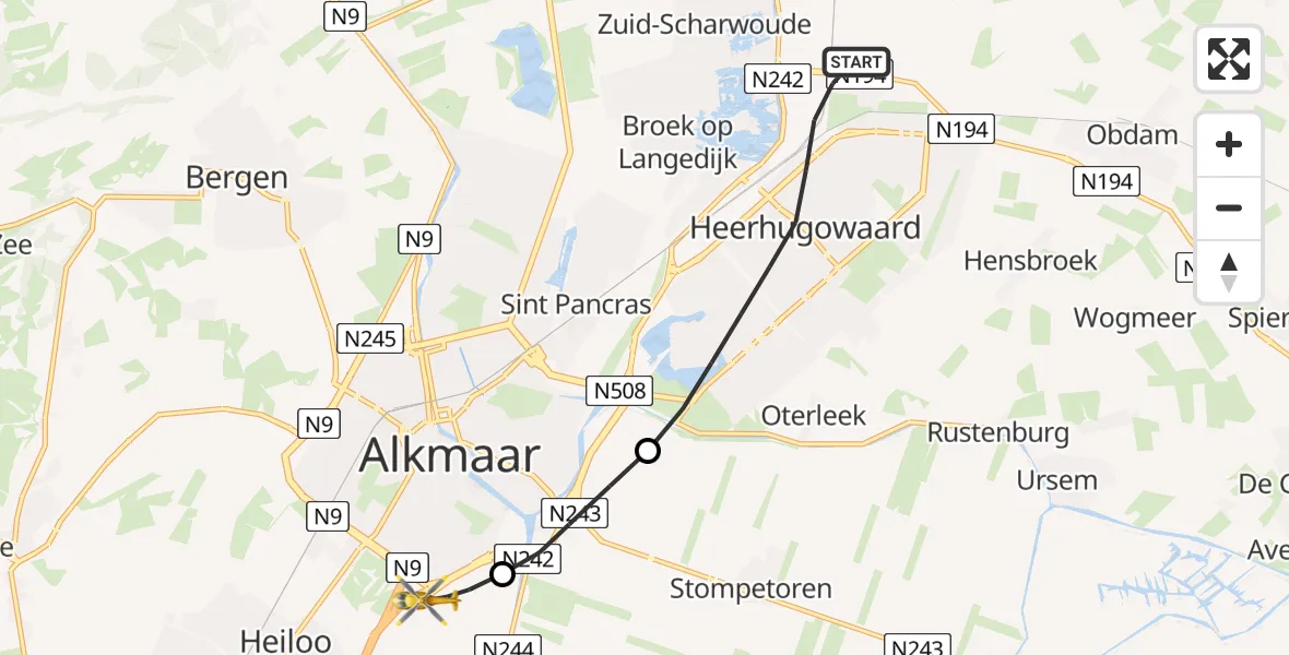 Vluchtroute Traumahelikopter Heerhugowaard - Alkmaar, 01 juni 2026, 18:19