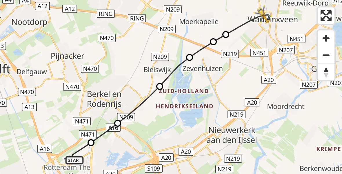 Vluchtroute Traumahelikopter Rotterdam The Hague Airport - Waddinxveen, 01 juni 2026, 18:53