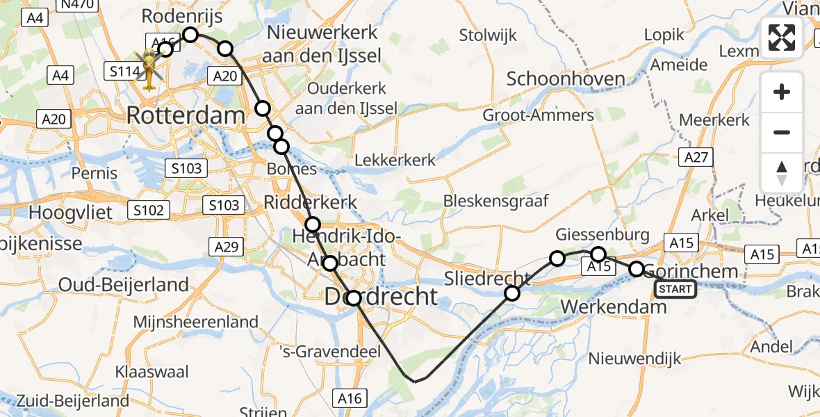 Vluchtroute Traumahelikopter Sleeuwijk - Rotterdam The Hague Airport, 01 juni 2026, 22:12