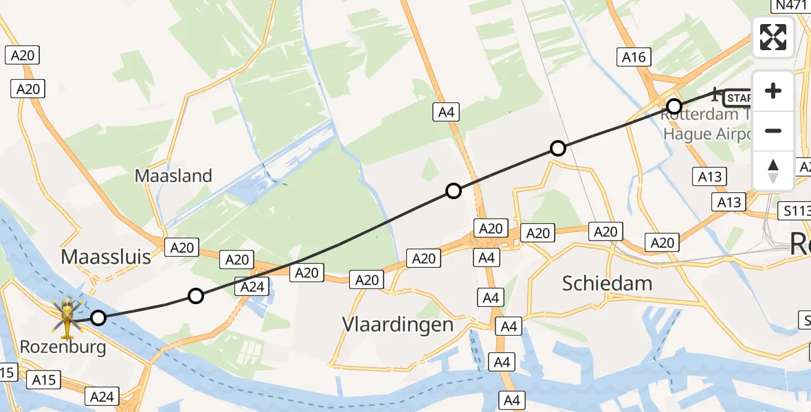 Vluchtroute Traumahelikopter Rotterdam The Hague Airport - Rozenburg, 01 juni 2026, 22:43