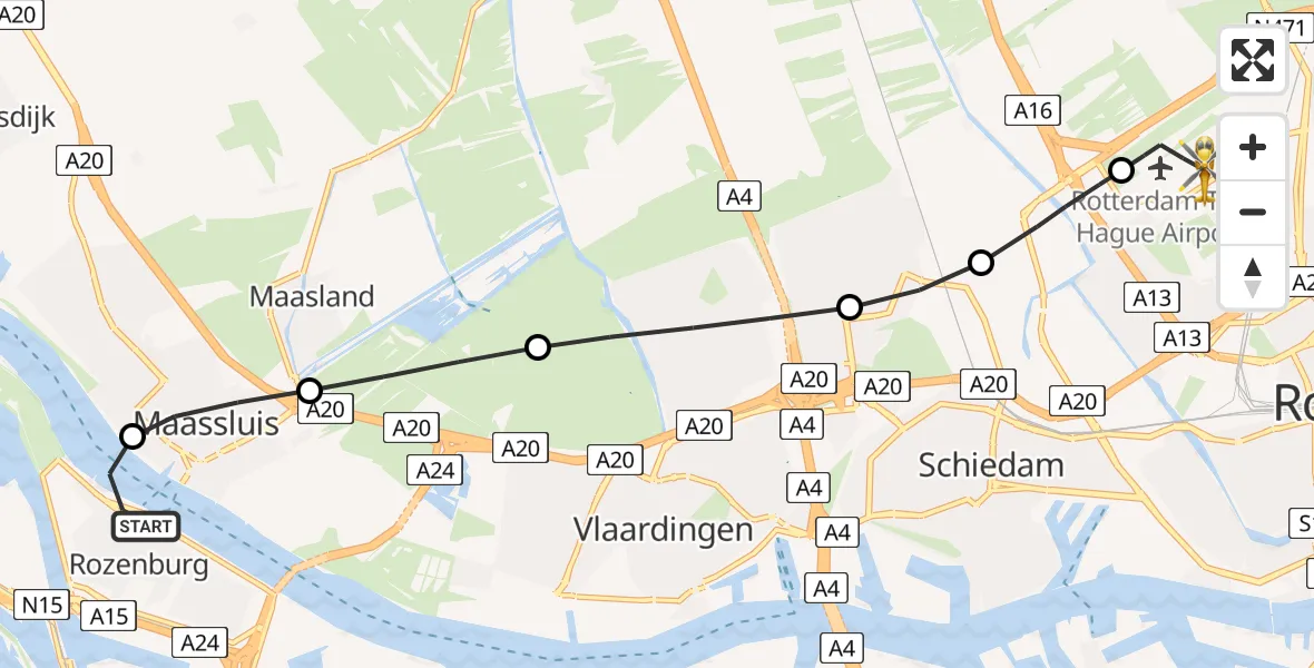 Vluchtroute Traumahelikopter Rozenburg - Rotterdam The Hague Airport, 01 juni 2026, 23:02
