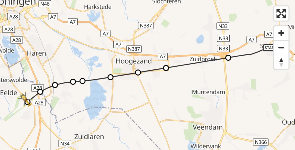 Vluchtroute Traumahelikopter Scheemda - Groningen Airport Eelde, 02 juni 2026, 04:23