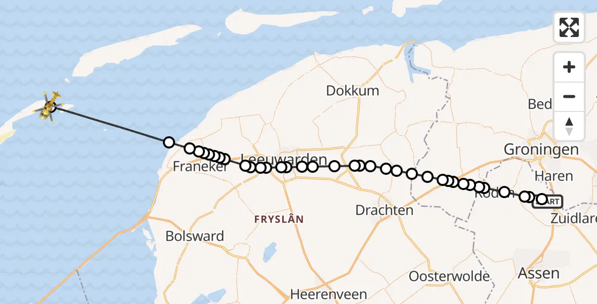 Vluchtroute Traumahelikopter Groningen Airport Eelde - Vlieland Heliport, 02 juni 2026, 09:06