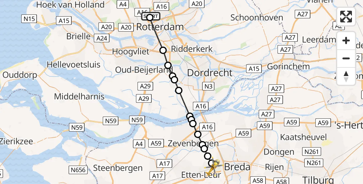 Vluchtroute Traumahelikopter Rotterdam The Hague Airport - Etten-Leur, 02 juni 2026, 15:16