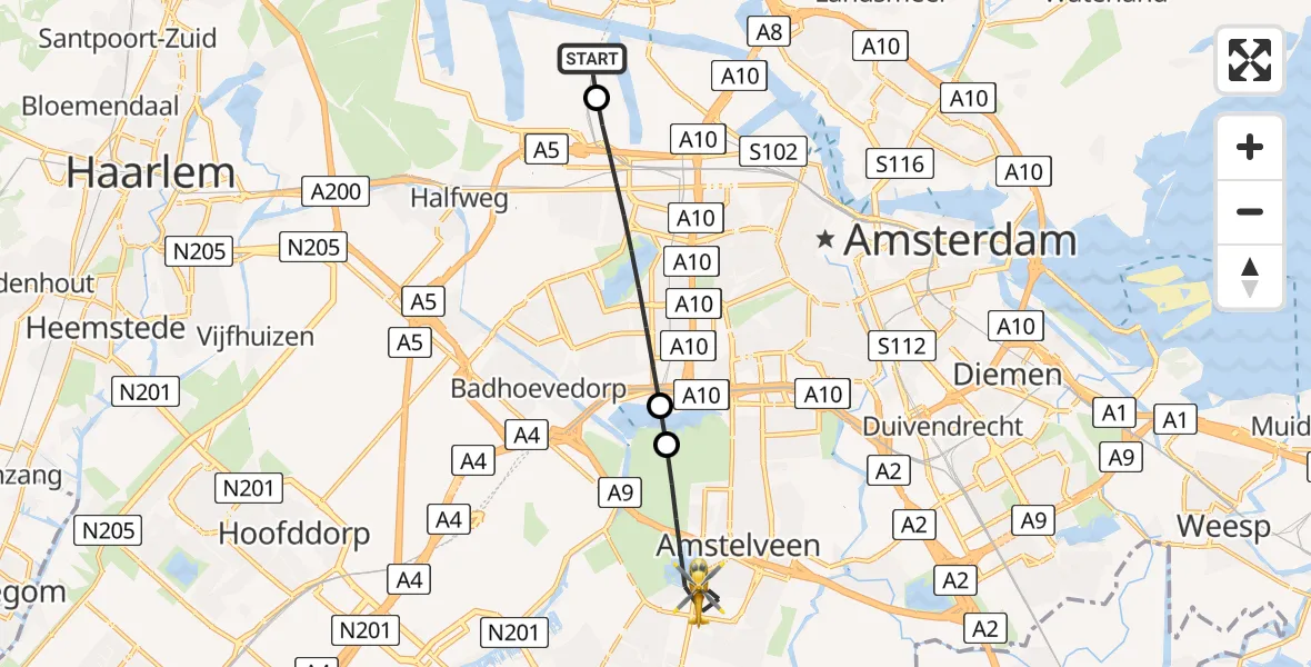 Vluchtroute Traumahelikopter Amsterdam Heliport - Amstelveen, 02 juni 2026, 15:59
