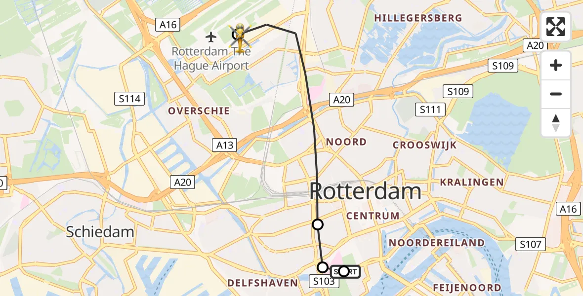 Vluchtroute Traumahelikopter Leids Universitair Medisch Centrum (LUMC) - Rotterdam The Hague Airport, 02 juni 2026, 16:34