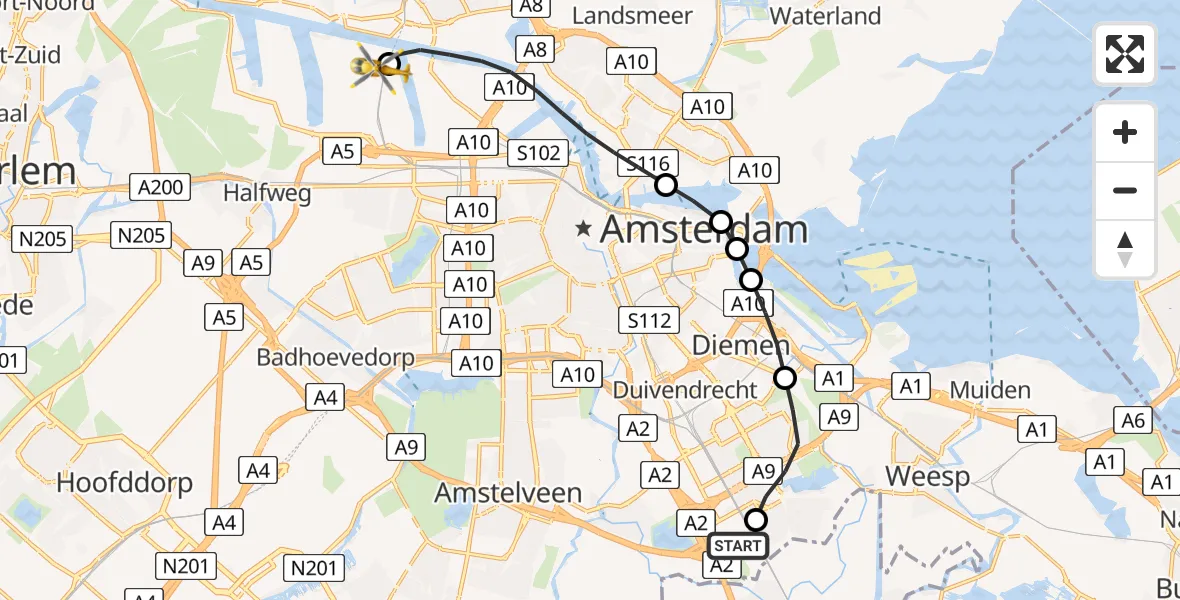Vluchtroute Traumahelikopter Amsterdam UMC Helipad - Amsterdam Heliport, 02 juni 2026, 16:46