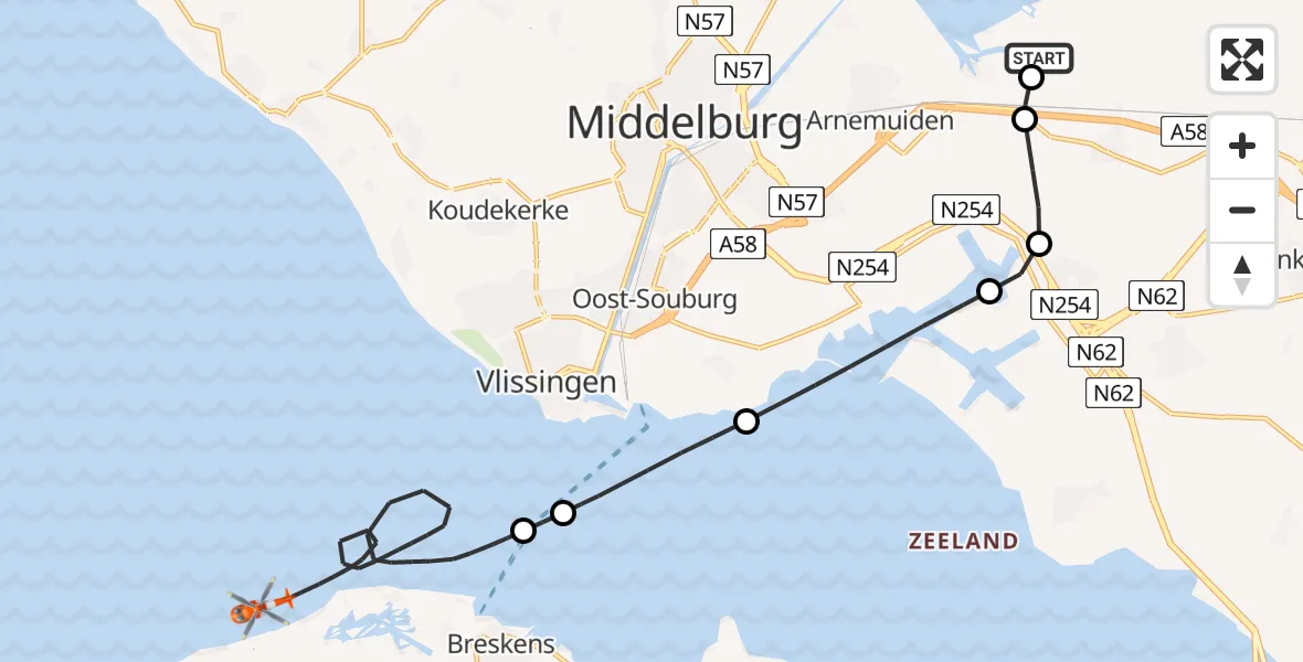 Vluchtroute Kustwachthelikopter Vliegveld Midden-Zeeland - Noordzee, 02 juni 2026, 17:13