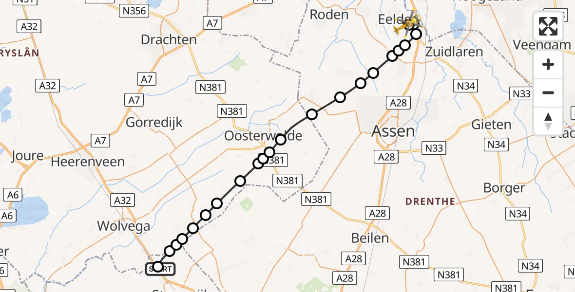 Vluchtroute Traumahelikopter De Pol - Groningen Airport Eelde, 03 juni 2026, 08:58