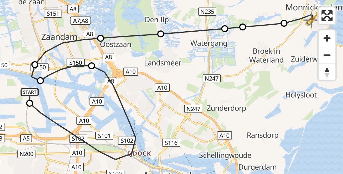 Vluchtroute Traumahelikopter Amsterdam Heliport - Monnickendam, 03 juni 2026, 09:07