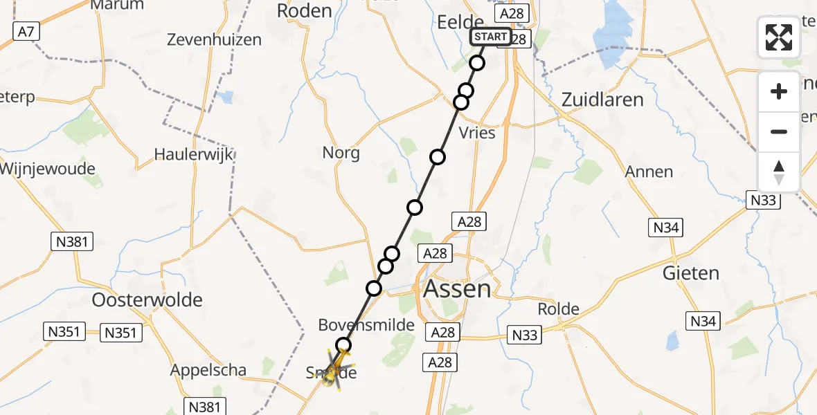 Vluchtroute Traumahelikopter Groningen Airport Eelde - Smilde, 03 juni 2026, 12:27