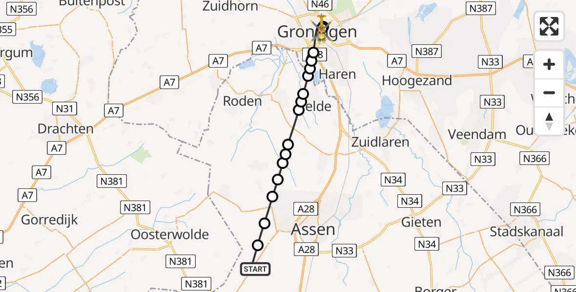 Vluchtroute Traumahelikopter Smilde - Universitair Medisch Centrum Groningen, 03 juni 2026, 13:16