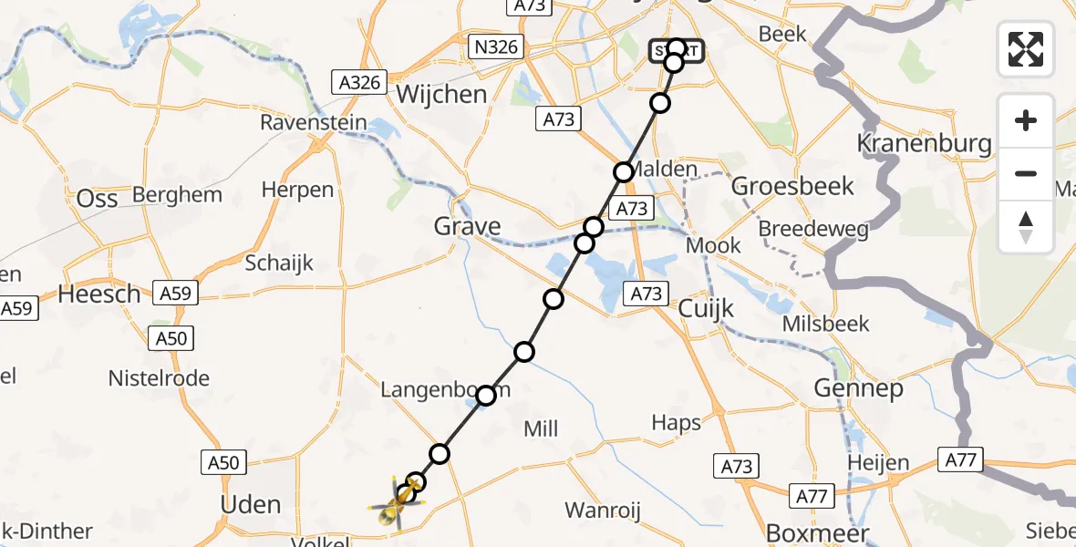 Vluchtroute Traumahelikopter Radboud Universitair Medisch Centrum - Vliegbasis Volkel, 03 juni 2026, 14:41
