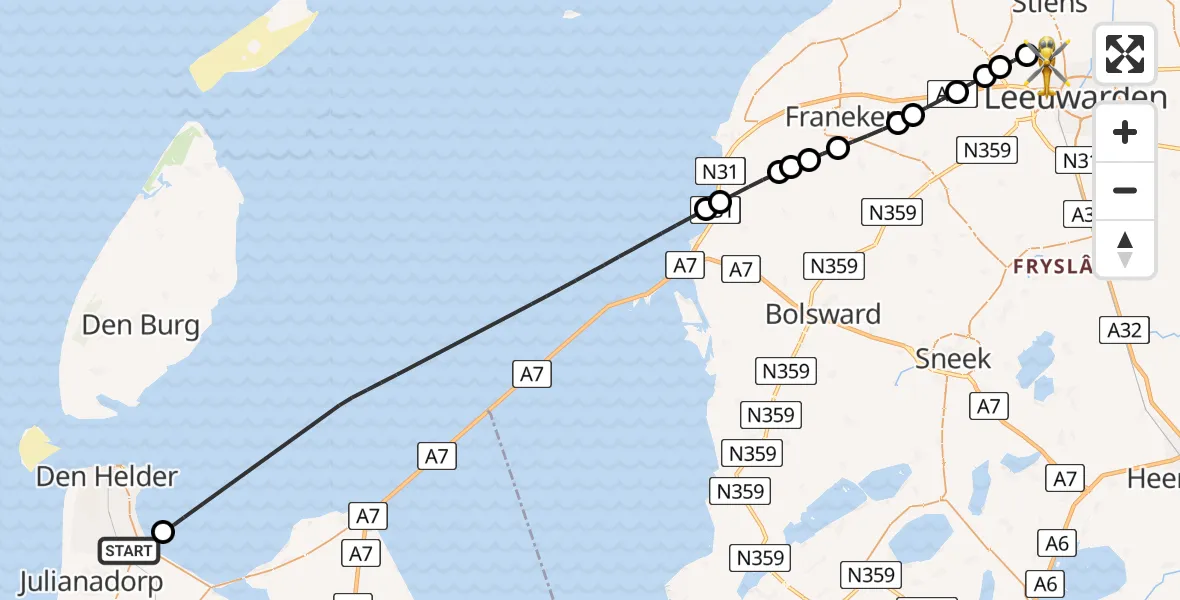 Vluchtroute Ambulancehelikopter Den Helder - Vliegbasis Leeuwarden, 03 juni 2026, 15:35