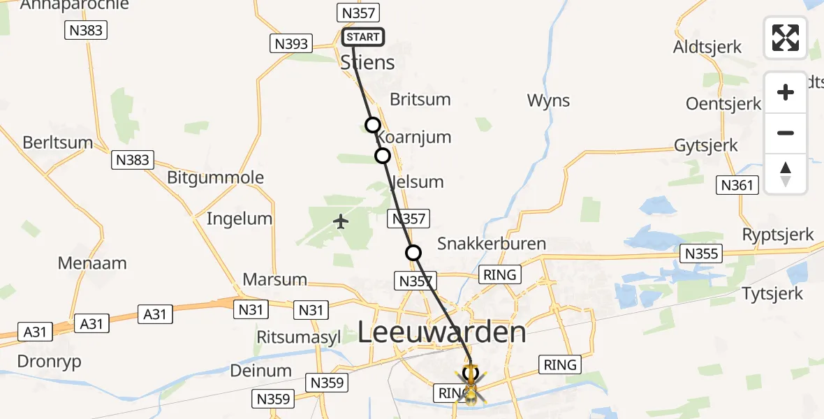 Vluchtroute Traumahelikopter Stiens - Leeuwarden Medical Center Heliport, 03 juni 2026, 15:46