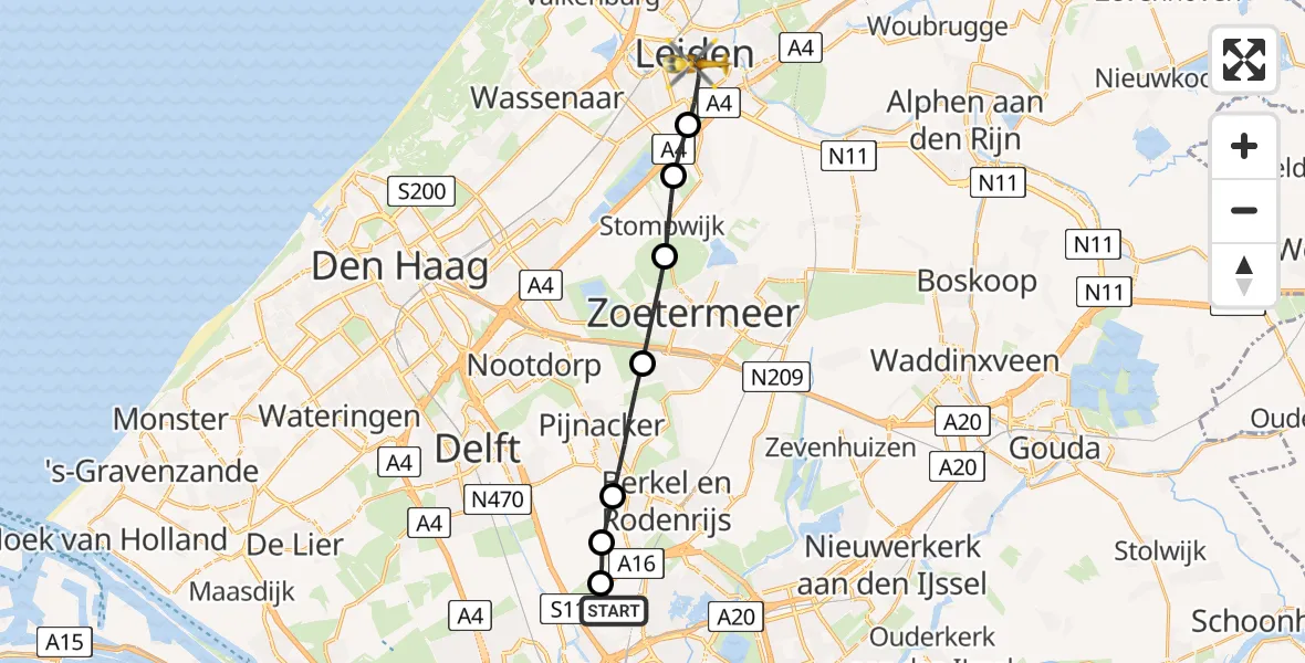 Vluchtroute Traumahelikopter Rotterdam The Hague Airport - Leiden, 03 juni 2026, 15:48