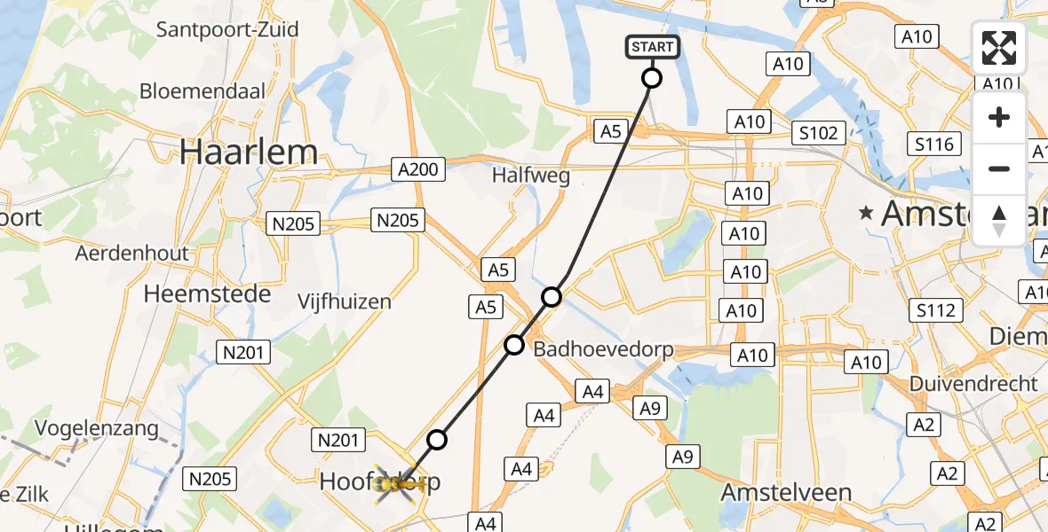 Vluchtroute Traumahelikopter Amsterdam Heliport - Hoofddorp, 03 juni 2026, 16:14