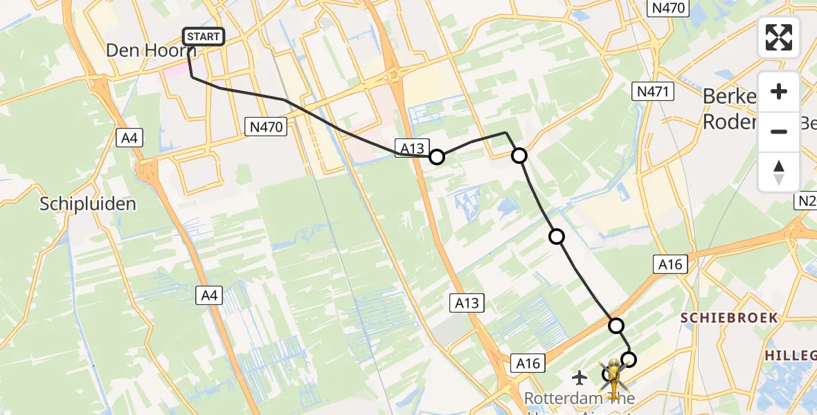 Vluchtroute Traumahelikopter Delft - Rotterdam The Hague Airport, 03 juni 2026, 17:08