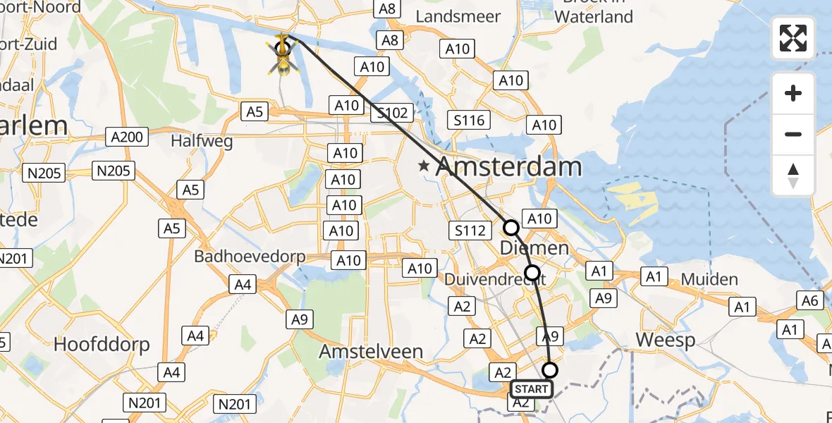 Vluchtroute Traumahelikopter Amsterdam UMC Helipad - Amsterdam Heliport, 03 juni 2026, 17:35