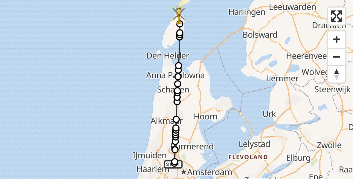 Vluchtroute Traumahelikopter Amsterdam Heliport - De Cocksdorp, 03 juni 2026, 17:50