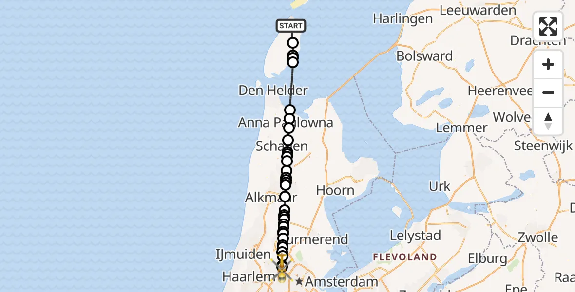 Vluchtroute Traumahelikopter De Cocksdorp - Amsterdam Heliport, 03 juni 2026, 19:33