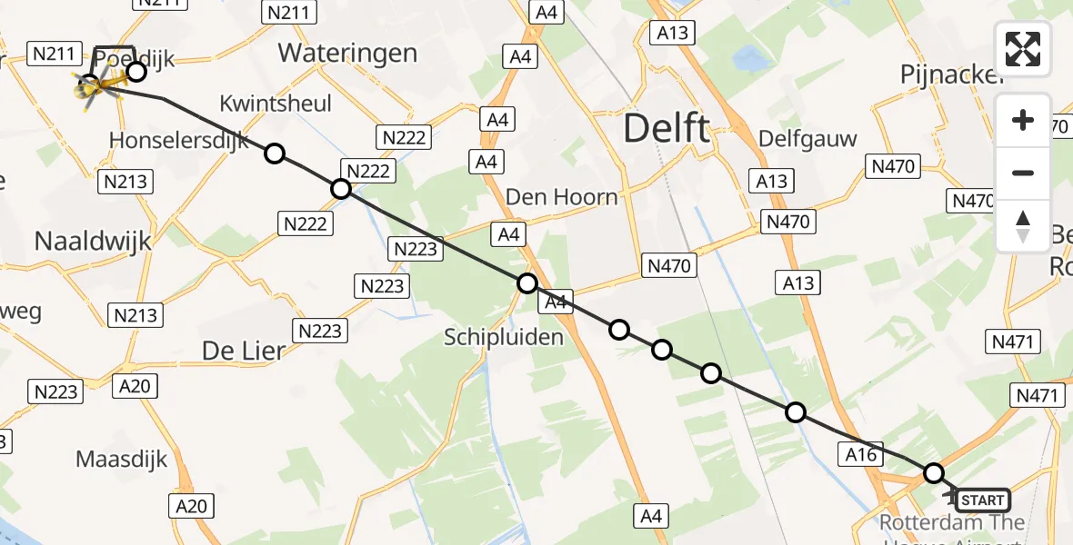 Vluchtroute Traumahelikopter Rotterdam The Hague Airport - Honselersdijk, 03 juni 2026, 21:53