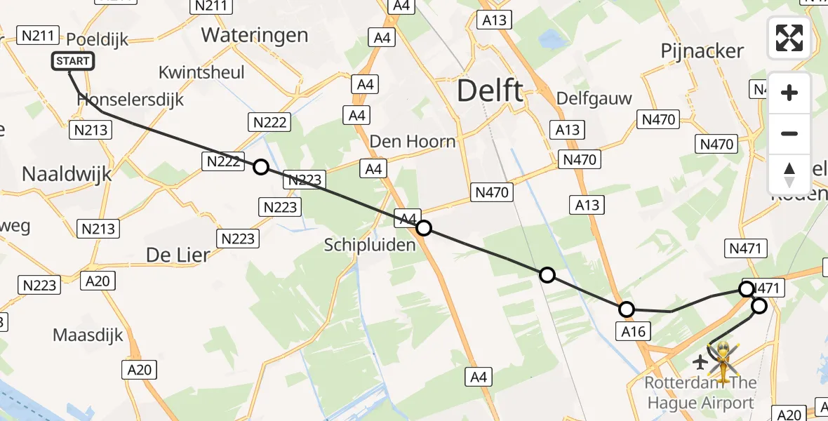 Vluchtroute Traumahelikopter Honselersdijk - Rotterdam The Hague Airport, 03 juni 2026, 22:28