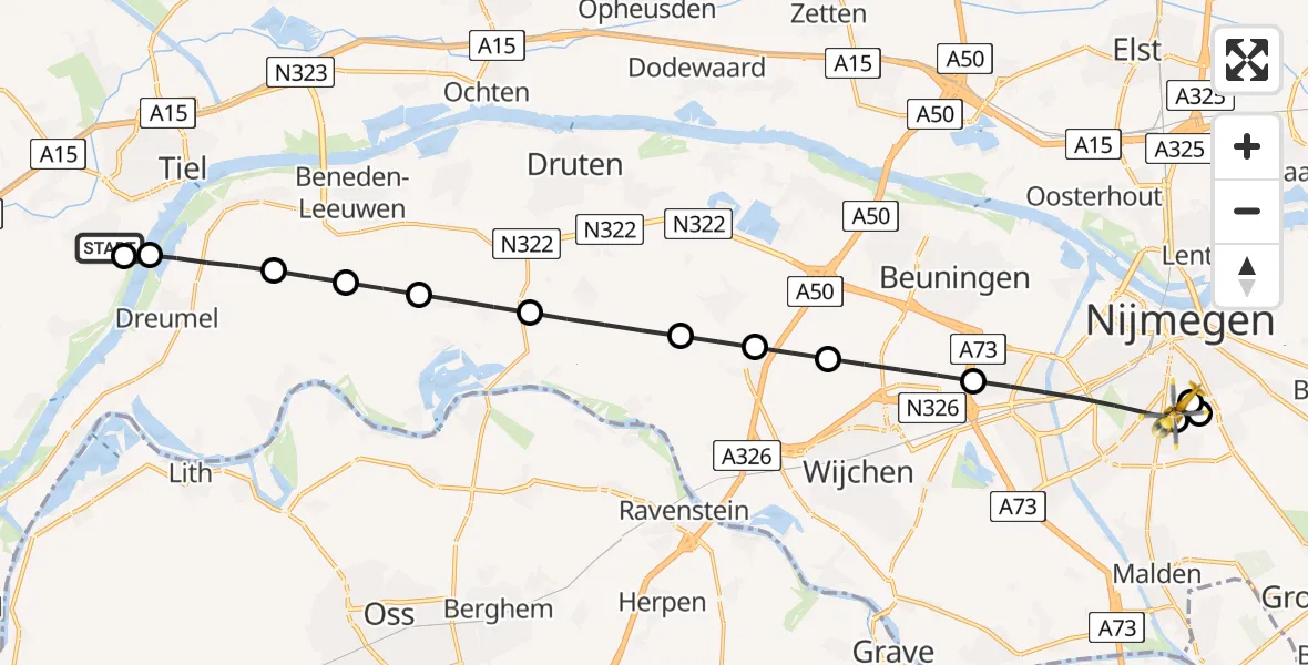 Vluchtroute Traumahelikopter Tiel - Radboud University Medical Center Heliport, 04 juni 2026, 04:25