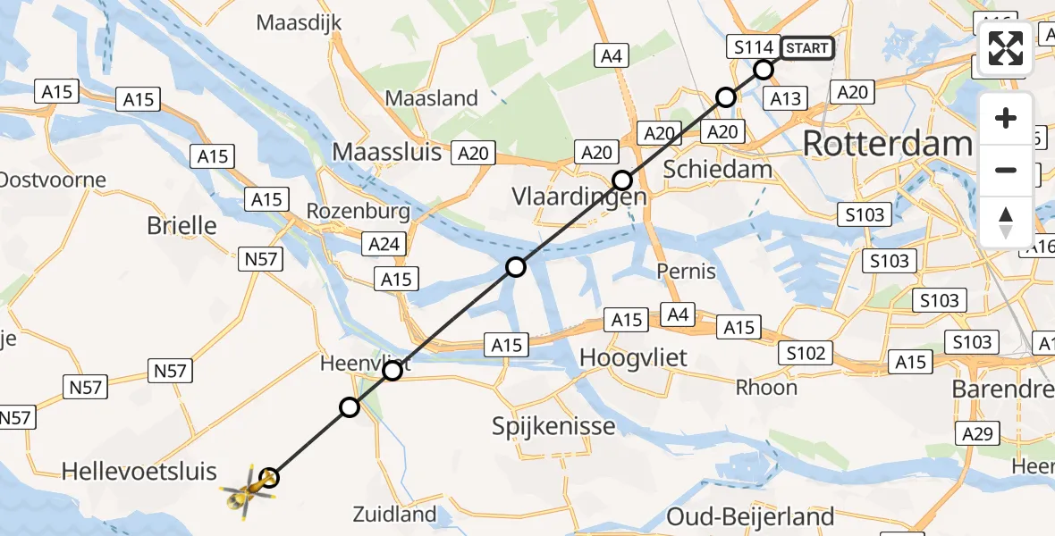 Vluchtroute Traumahelikopter Rotterdam The Hague Airport - Oudenhoorn, 04 juni 2026, 07:23