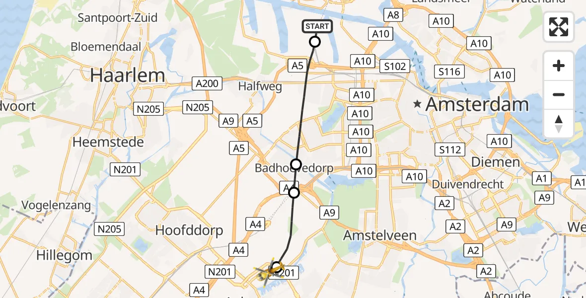 Vluchtroute Traumahelikopter Amsterdam Heliport - Schiphol-Rijk, 04 juni 2026, 10:02