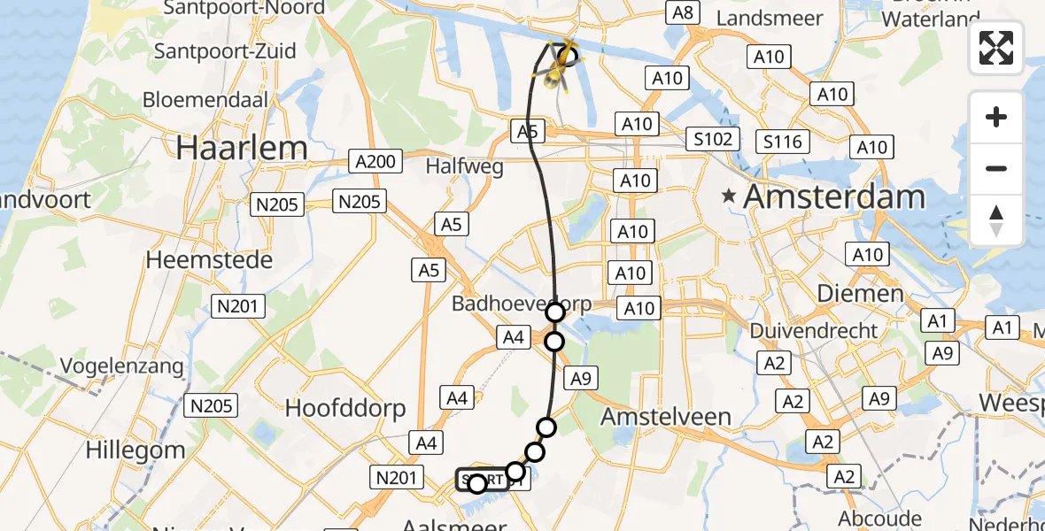 Vluchtroute Traumahelikopter Amsterdam Vliegveld Schiphol - Amsterdam Heliport, 04 juni 2026, 10:33