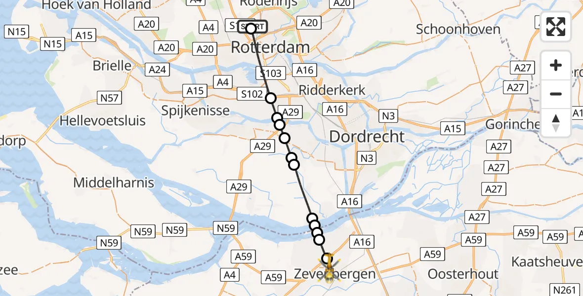 Vluchtroute Traumahelikopter Rotterdam The Hague Airport - Zevenbergen, 04 juni 2026, 12:07