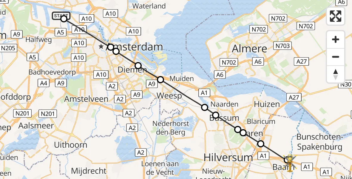 Vluchtroute Traumahelikopter Amsterdam Heliport - Baarn, 04 juni 2026, 13:39