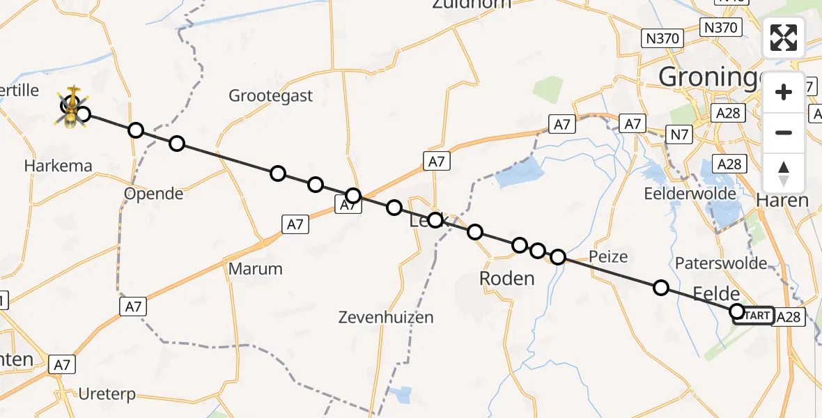 Vluchtroute Traumahelikopter Groningen Airport Eelde - Augustinusga, 04 juni 2026, 17:05