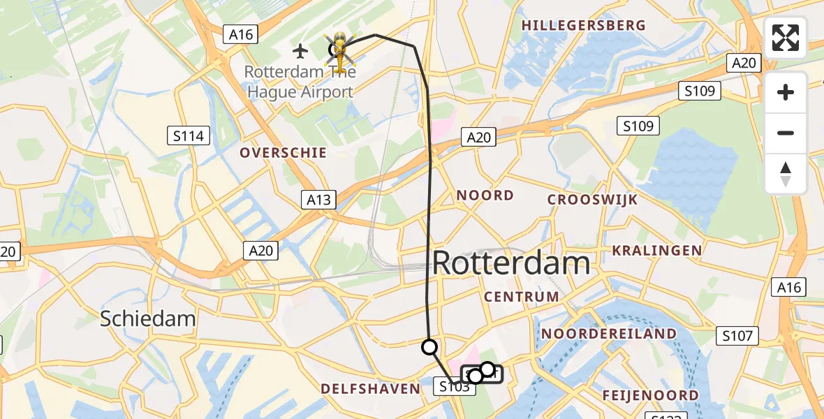 Vluchtroute Traumahelikopter Leids Universitair Medisch Centrum (LUMC) - Rotterdam The Hague Airport, 04 juni 2026, 17:36