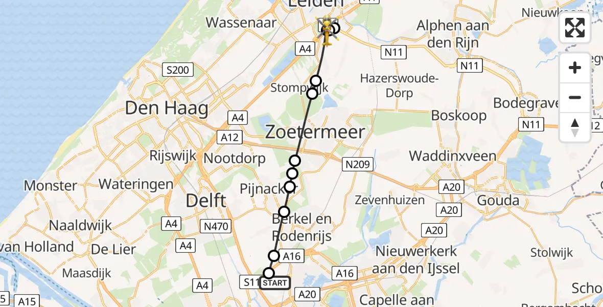 Vluchtroute Traumahelikopter Rotterdam The Hague Airport - Leiden, 04 juni 2026, 21:40