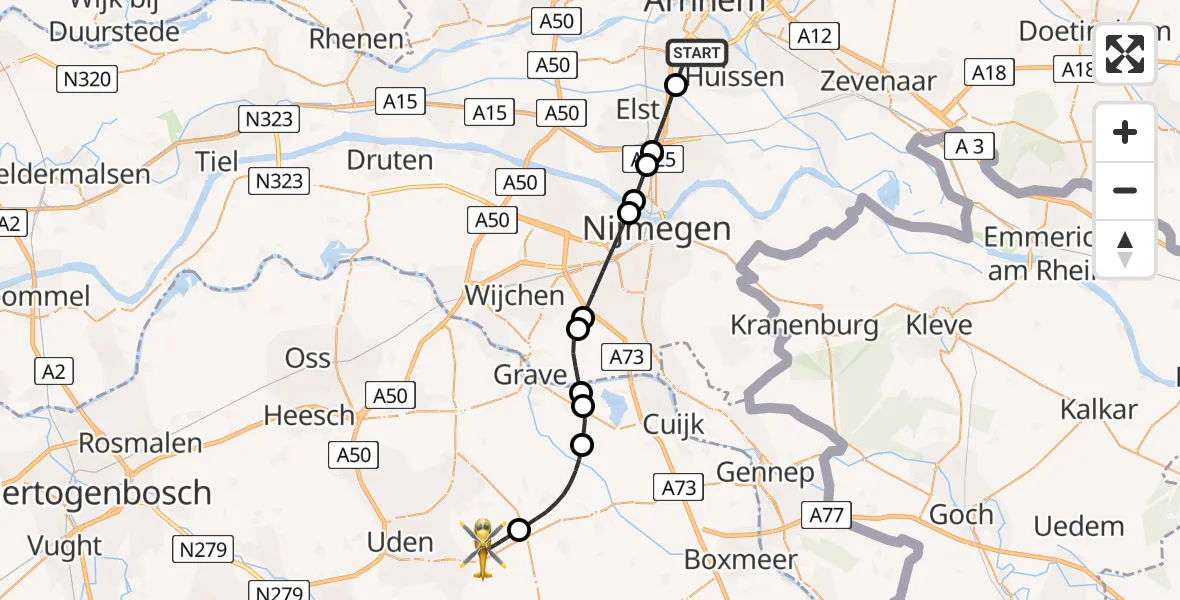 Vluchtroute Traumahelikopter Arnhem - Vliegbasis Volkel, 05 juni 2026, 06:17