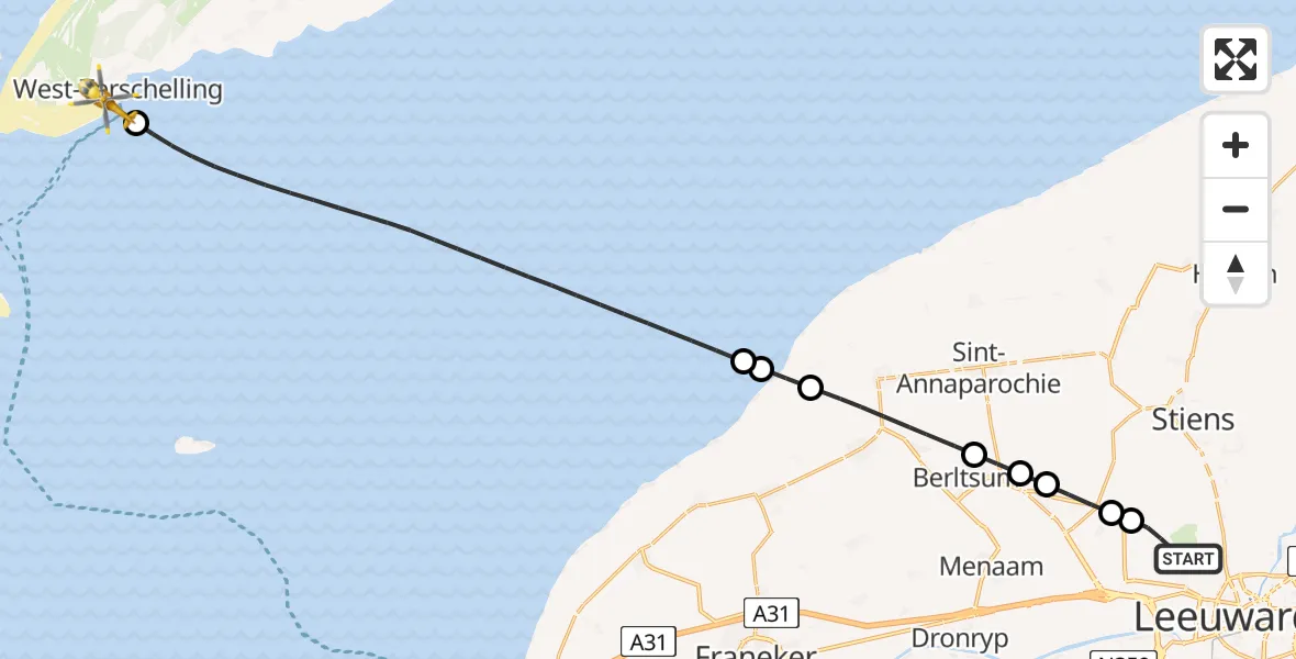 Vluchtroute Ambulancehelikopter Vliegbasis Leeuwarden - West-Terschelling, 05 juni 2026, 07:13