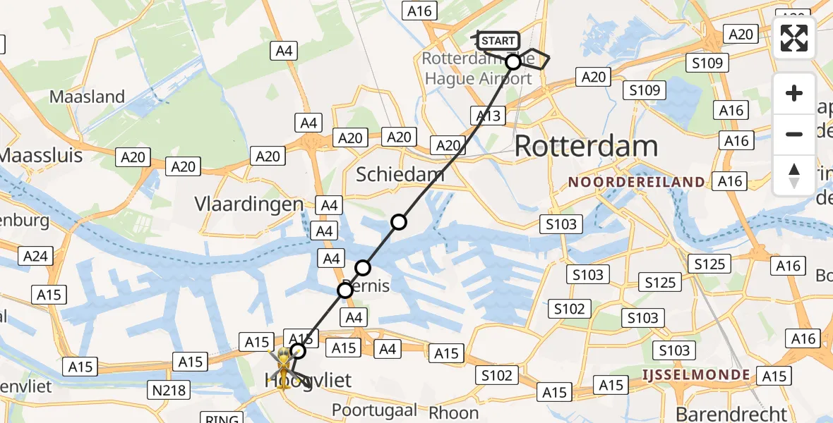 Vluchtroute Traumahelikopter Rotterdam The Hague Airport - Hoogvliet Rotterdam, 05 juni 2026, 09:11