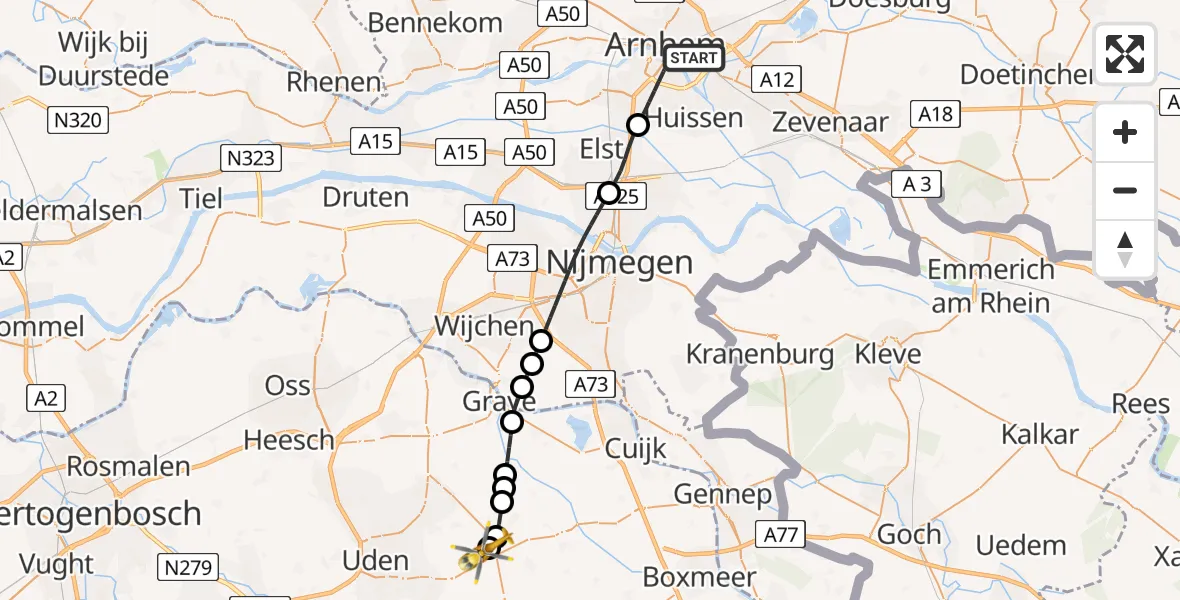 Vluchtroute Traumahelikopter Arnhem - Vliegbasis Volkel, 05 juni 2026, 09:22