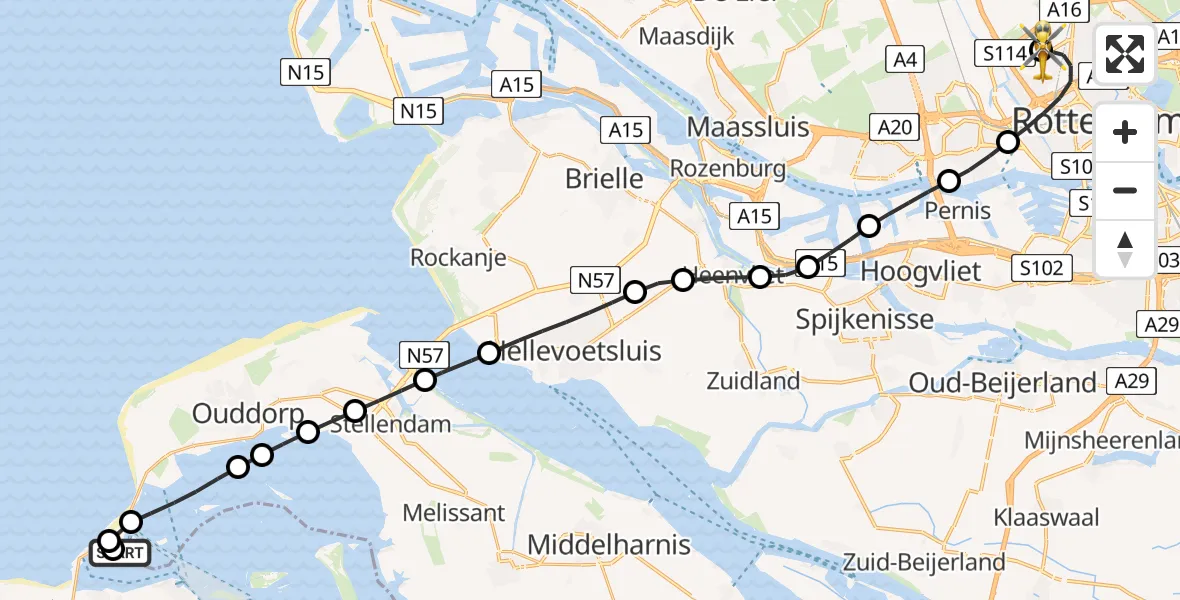 Vluchtroute Traumahelikopter Ouddorp - Rotterdam The Hague Airport, 05 juni 2026, 11:55