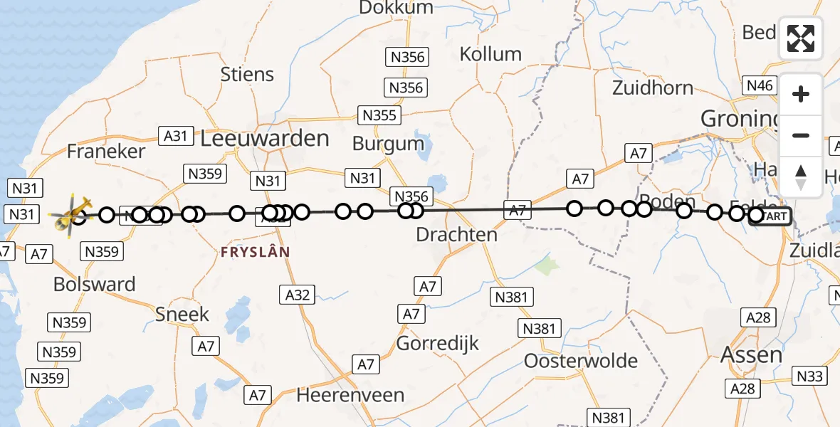 Vluchtroute Traumahelikopter Groningen Airport Eelde - Arum, 05 juni 2026, 12:36