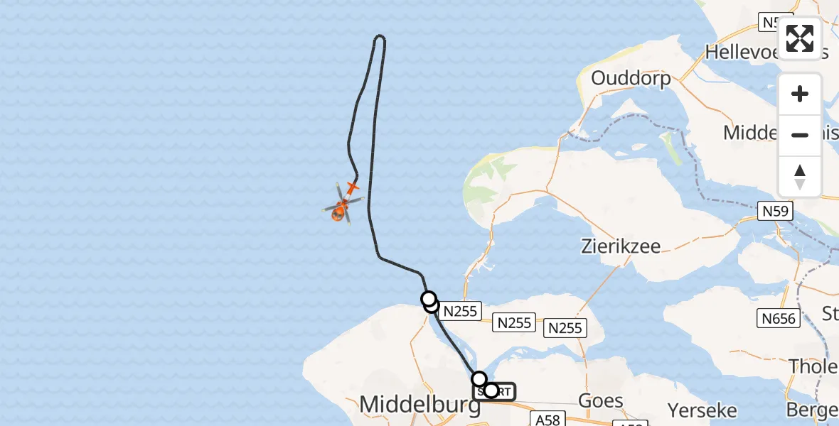 Vluchtroute Kustwachthelikopter Vliegveld Midden-Zeeland - Noordzee, 05 juni 2026, 13:07