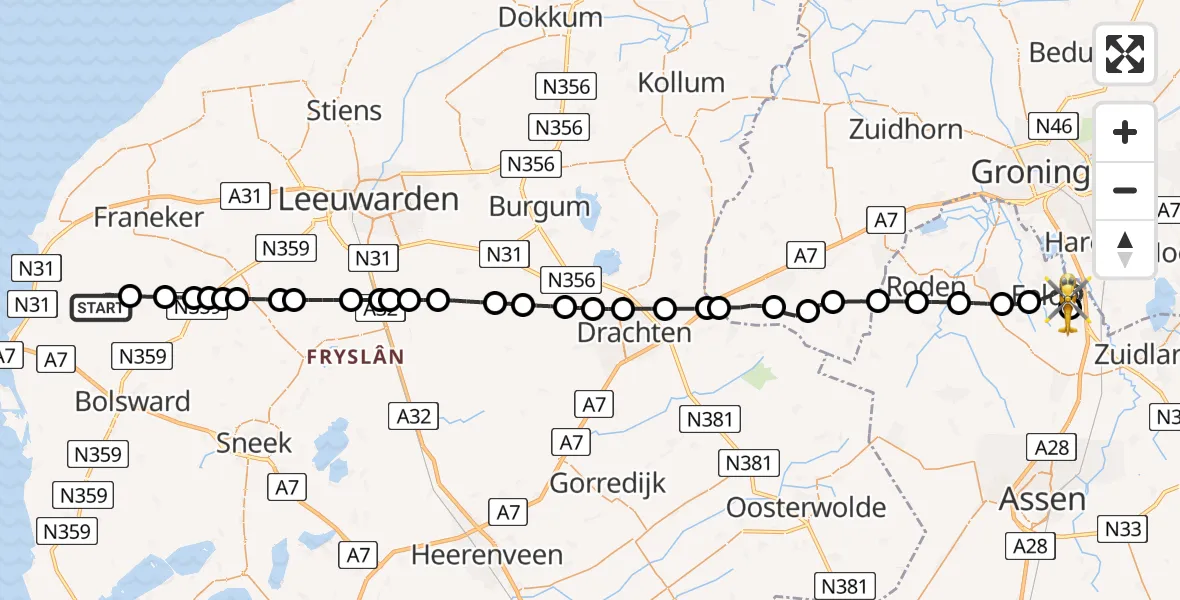 Vluchtroute Traumahelikopter Arum - Groningen Airport Eelde, 05 juni 2026, 13:20