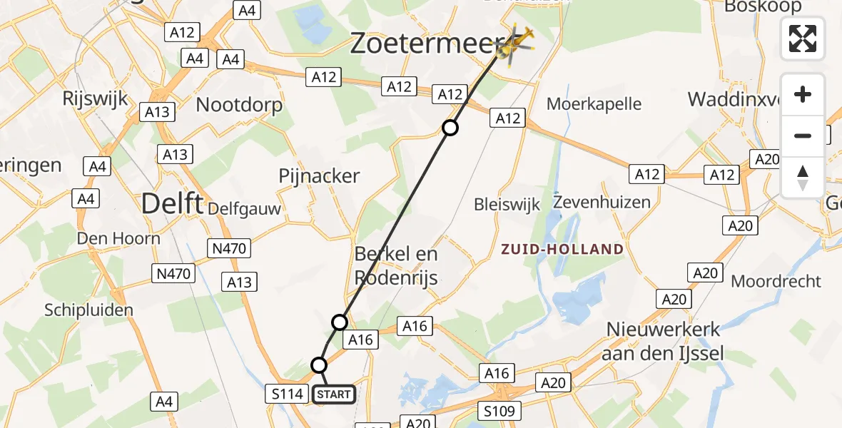 Vluchtroute Traumahelikopter Rotterdam The Hague Airport - Zoetermeer, 05 juni 2026, 13:36