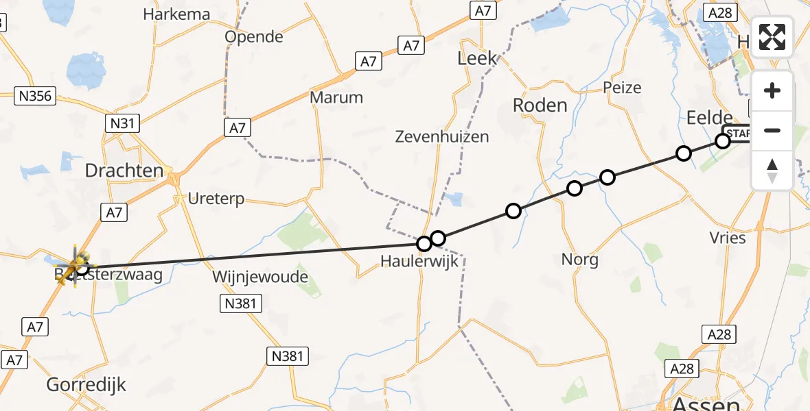Vluchtroute Traumahelikopter Groningen Airport Eelde - Beetsterzwaag, 05 juni 2026, 14:32